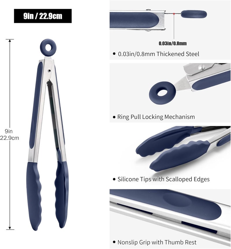 Doosu Kitchen Tongs for Cooking - 600°F Heat Resistant Food Tong with Non-Scratch Silicone Tips, Heavy Duty Stainless Steel Locking Tong for BBQ, Grilling Steak, Serving Salad Pasta (9in, Navy Blue) - Image 2